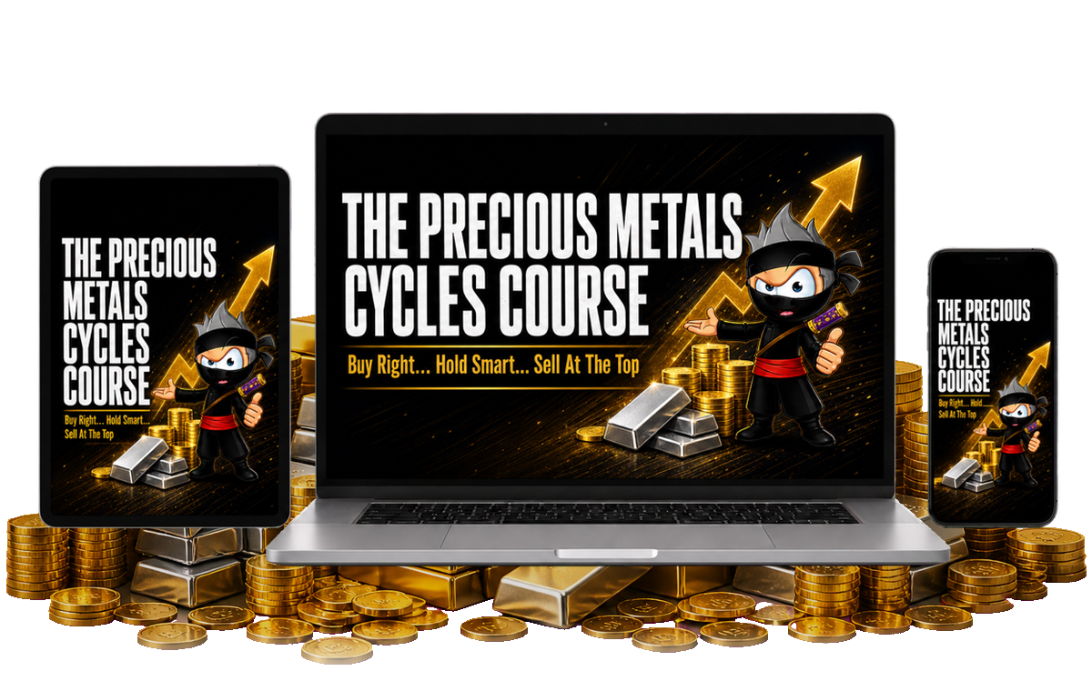 The Precious Metals Cycles Course shown on laptop, tablet, and phone, stacked on gold and silver bars